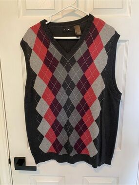 Axcess Men’s Black V-Neck Argyle Sweater Vest with Red & Gray